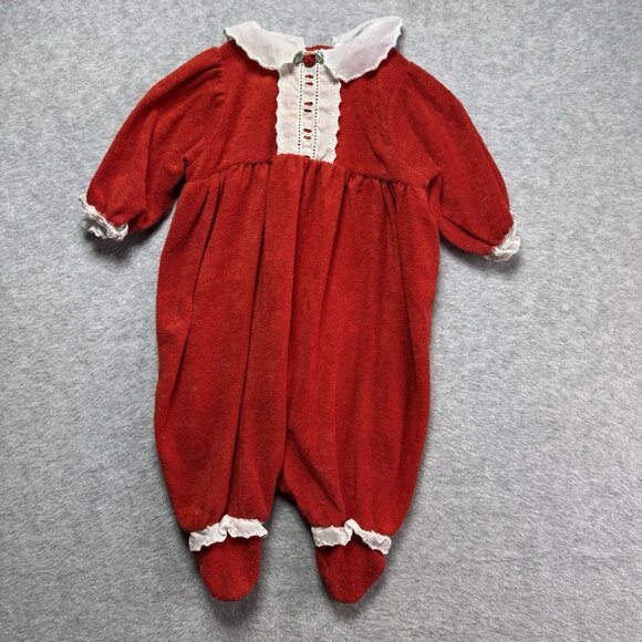 Carter's Other - VTG Rare 70s 80s Carter’s Baby 3m Christmas Lace Rose Red Romper One-Piece Terry
